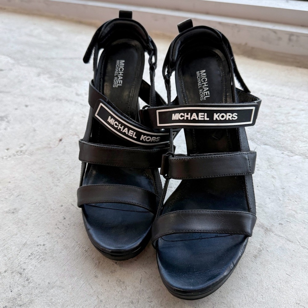 Michael Kors Black Stiletto Sandals Womens 9M Logo Strap Platform Heels
